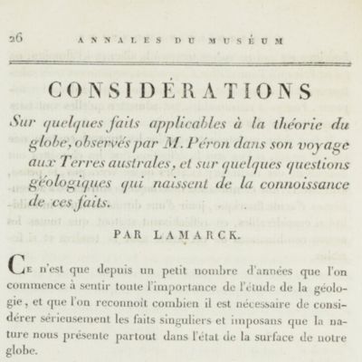 Considérations sur quelques faits applicables à la théorie du globe, observés par M. Péron dans son voyage aux Terres Australes, et sur quelques questions géologiques qui naissent de la connoissance de ces faits.