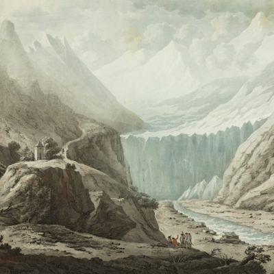 View of the source of the Rhone and of the glacier from whence it issues - Vue de la source du Rhone et du glacier d'ou il sort.