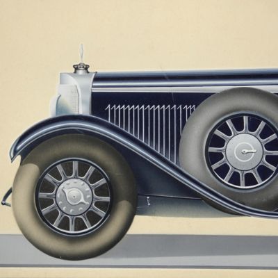 Large original watercolour illustration of a 1920's luxury model.