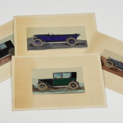 Four illustrations of 1920's luxury cars.