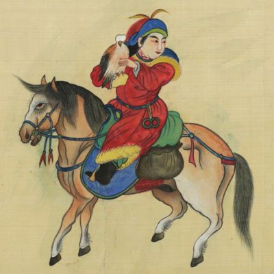 image for Mongolian horsemen with falcons, cats and rabbits. [Eight original paintings on silk].