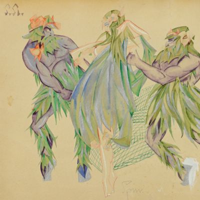 Design for three theatre costumes. [Dryad and Sylvan Spirits]