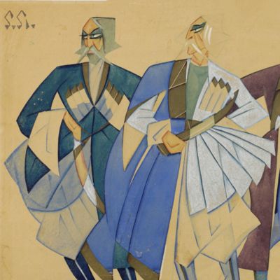 Design for three theatre costumes. [Swordmen].