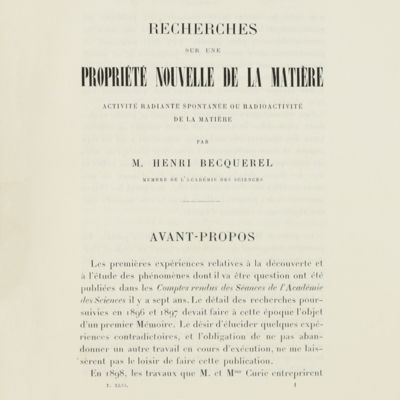 Recherches sur une propriété nouvelle de la matière, activité radiante spontanée ou radioactive de la matière.