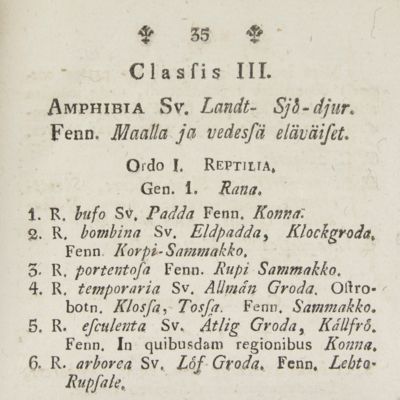 image for Fauna Fennica, sive enumeratio animalium, quae alit Terra Finlandiae insulaeque ei adjacentes. Cujus partem secundam venia ampl. facult. philos. Aboënsis publice ventilandam modeste exhibent mag. Petrus Ulricus Sadelin, ad scholam trivialem Wasensem collega superior. Et Josephus Joachim. Alcenius, stip. publ. Ostrobotnienses. In audit. medico d. XIII Martii MDCCCXIX h. a. m. s.