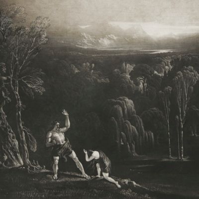 Paradise lost. Adam reproving Eve. Large(st) mezzotint plate from the large-size edition.