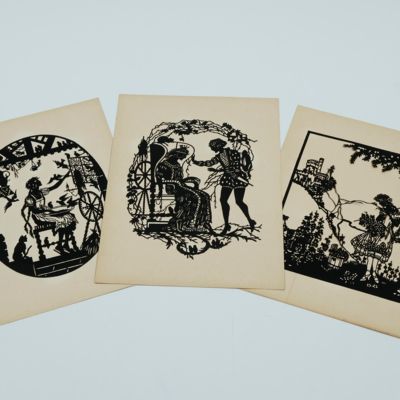 Rosethorn with her prince, Little Rosethorn gathering flowers, and Rosethorn at her spinning wheel. [after Lotte Gützlaff].